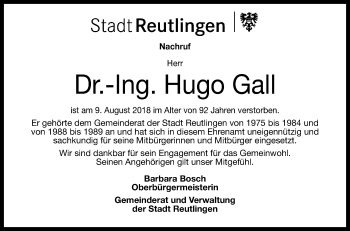 Anzeige von Hugo Gall von Reutlinger General-Anzeiger