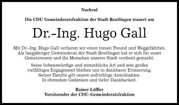 Anzeige von Hugo Gall von Reutlinger General-Anzeiger