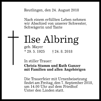 Anzeige von Ilse Albring von Reutlinger General-Anzeiger
