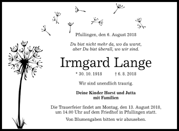 Anzeige von Irmgard Lange von Reutlinger General-Anzeiger