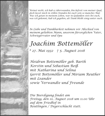 Anzeige von Joachim Bottemöller von Reutlinger General-Anzeiger