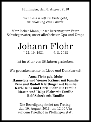 Anzeige von Johann Flohr von Reutlinger General-Anzeiger