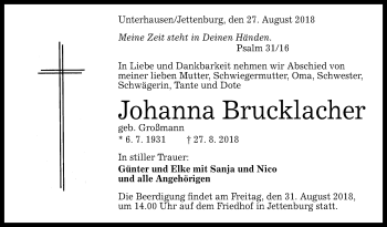 Anzeige von Johanna Brucklacher von Reutlinger General-Anzeiger