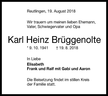 Anzeige von Karl Heinz Brüggenolte von Reutlinger General-Anzeiger