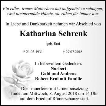 Anzeige von Katharina Schrenk von Reutlinger General-Anzeiger