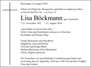 Anzeige von Lisa Böckmann von Reutlinger General-Anzeiger