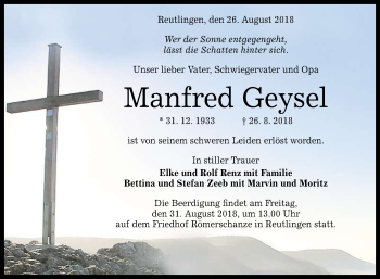 Anzeige von Manfred Geysel von Reutlinger General-Anzeiger