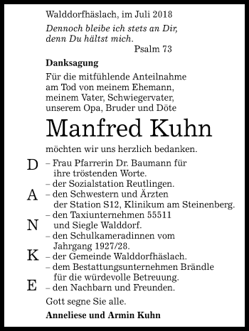 Anzeige von Manfred Kuhn von Reutlinger General-Anzeiger