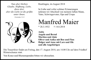 Anzeige von Manfred Maier von Reutlinger General-Anzeiger