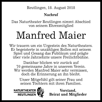 Anzeige von Manfred Maier von Reutlinger General-Anzeiger
