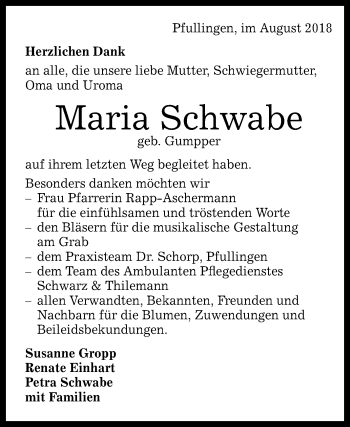 Anzeige von Maria Schwabe von Reutlinger General-Anzeiger