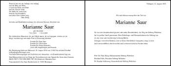 Anzeige von Marianne Saur von Reutlinger General-Anzeiger