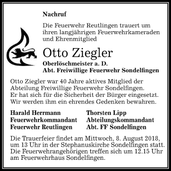 Anzeige von Otto Ziegler von Reutlinger General-Anzeiger