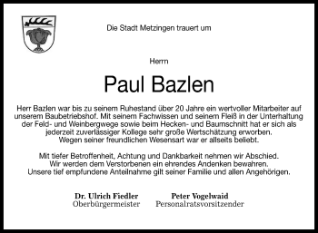 Anzeige von Paul Bazlen von Reutlinger General-Anzeiger