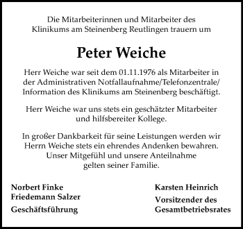 Anzeige von Peter Weiche von Reutlinger General-Anzeiger