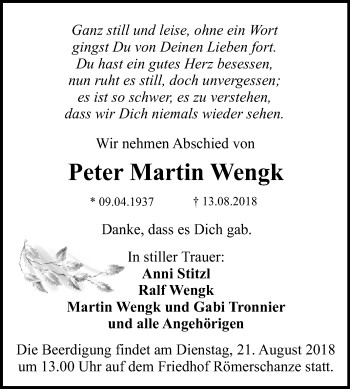 Anzeige von Peter Martin Wengk von Reutlinger General-Anzeiger