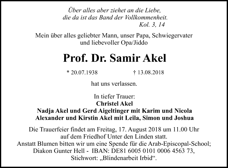  Traueranzeige für Samir Akel vom 15.08.2018 aus Reutlinger General-Anzeiger