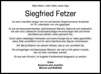 Anzeige von Siegfried Fetzer von Reutlinger General-Anzeiger