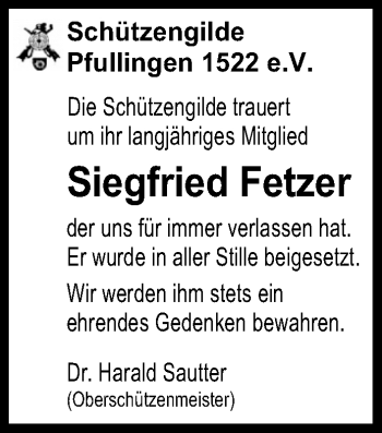 Anzeige von Siegfried Fetzer von Reutlinger General-Anzeiger