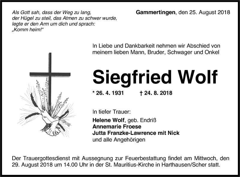  Traueranzeige für Siegfried Wolf vom 25.08.2018 aus Reutlinger General-Anzeiger