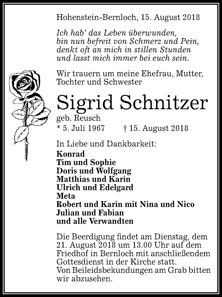  Traueranzeige für Sigrid Schnitzer vom 18.08.2018 aus Reutlinger General-Anzeiger