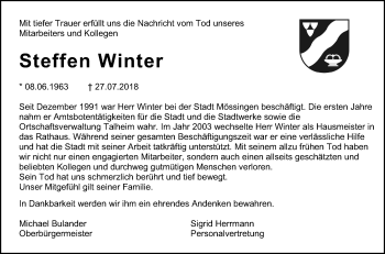 Anzeige von Steffen Winter von Reutlinger General-Anzeiger