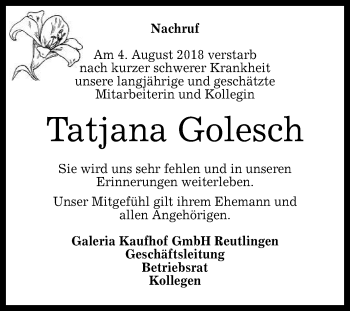 Anzeige von Tatjana Golesch von Reutlinger General-Anzeiger