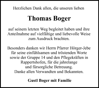 Anzeige von Thomas Boger von Reutlinger General-Anzeiger
