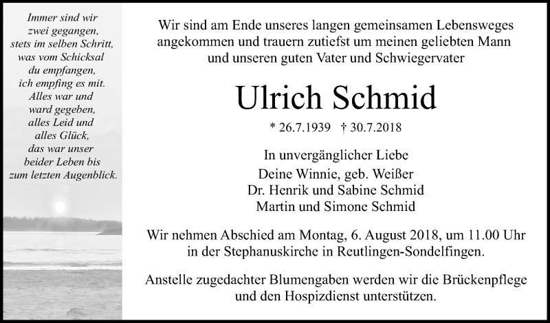  Traueranzeige für Ulrich Schmid vom 02.08.2018 aus Reutlinger General-Anzeiger