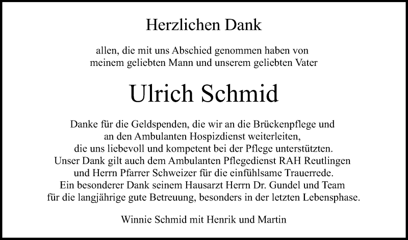  Traueranzeige für Ulrich Schmid vom 11.08.2018 aus Reutlinger General-Anzeiger