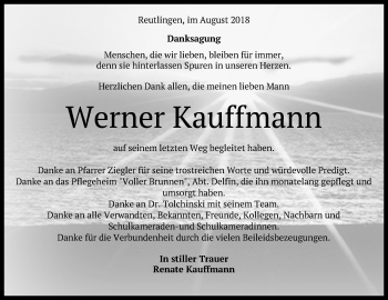 Anzeige von Werner Kauffmann von Reutlinger General-Anzeiger