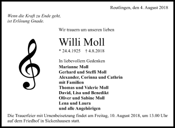 Anzeige von Willi Moll von Reutlinger General-Anzeiger