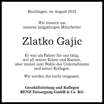 Anzeige von Zlatko Gajic von Reutlinger General-Anzeiger