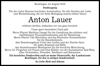 Anzeige von Anton Lauer von Reutlinger General-Anzeiger
