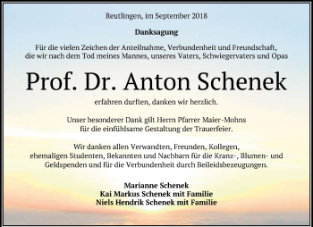 Anzeige von Anton Schenek von Reutlinger General-Anzeiger
