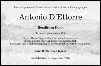 Anzeige von Antonio D’Ettorre von Reutlinger General-Anzeiger