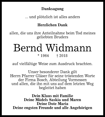 Anzeige von Bernd Widmann von Reutlinger General-Anzeiger