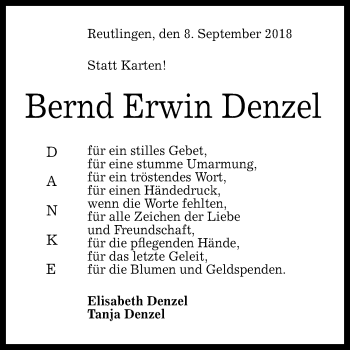 Anzeige von Bernd Erwin Denzel von Reutlinger General-Anzeiger