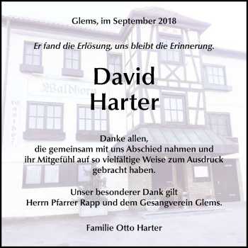 Anzeige von David Harter von Reutlinger General-Anzeiger