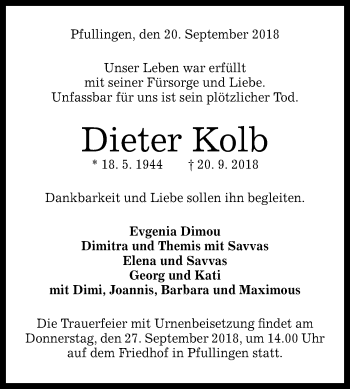 Anzeige von Dieter Kolb von Reutlinger General-Anzeiger