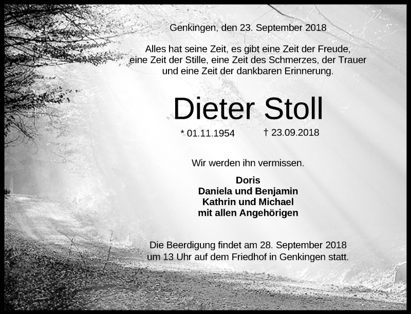  Traueranzeige für Dieter Stoll vom 26.09.2018 aus Reutlinger General-Anzeiger
