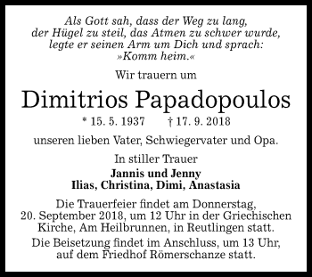 Anzeige von Dimitrios Papadopoulos von Reutlinger General-Anzeiger