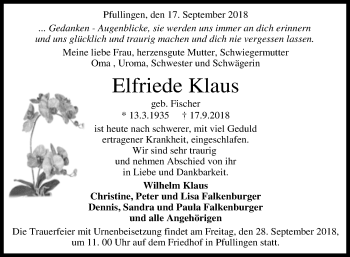 Anzeige von Elfriede Klaus von Reutlinger General-Anzeiger