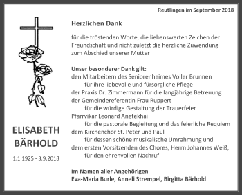 Anzeige von Elisabeth Bärhold von Reutlinger General-Anzeiger