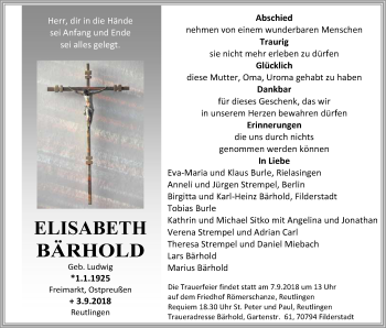 Anzeige von Elisabeth Bärhold von Reutlinger General-Anzeiger