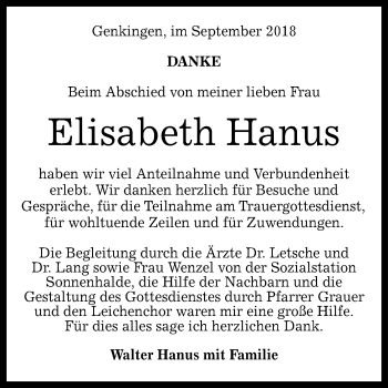 Anzeige von Elisabeth Hanus von Reutlinger General-Anzeiger