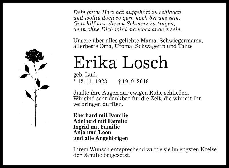  Traueranzeige für Erika Losch vom 29.09.2018 aus Reutlinger General-Anzeiger
