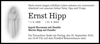 Anzeige von Ernst Hipp von Reutlinger General-Anzeiger