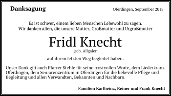 Anzeige von Fridl Knecht von Reutlinger General-Anzeiger