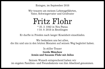 Anzeige von Fritz Flohr von Reutlinger General-Anzeiger